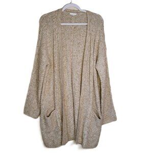 J. Jill Cable Knit Cotton Blend Tan Heather Open Front Long Line Cardigan M